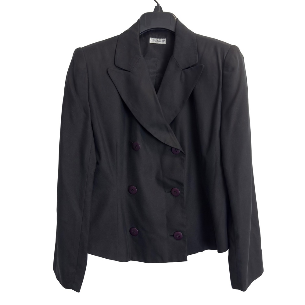 Ann May Black 100% Woven Silk Double Breasted Blazer Peaked Lapel Size 6